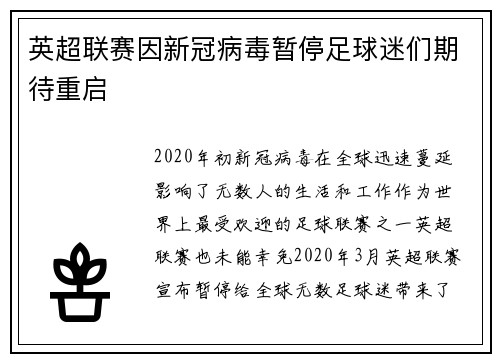 英超联赛因新冠病毒暂停足球迷们期待重启
